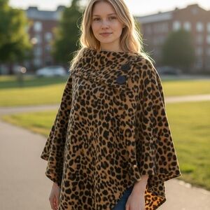 Le Moda Leopard Print Fleece Poncho